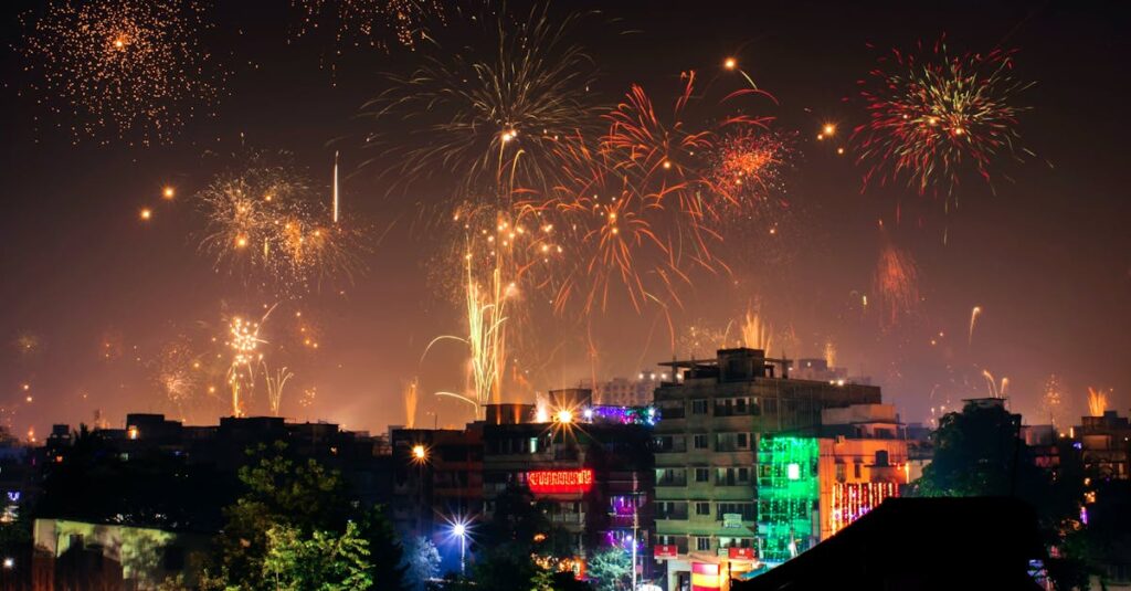Vibrant fireworks light up the night sky during a festival in an Indian city.